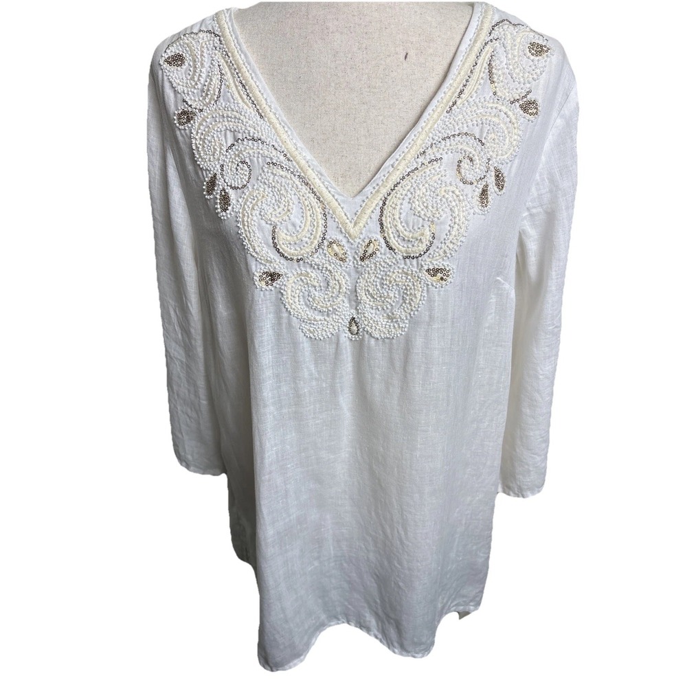 Cynthia Rowley 100% Tunic Top Beaded Womens Large White Beach Cruise Resort